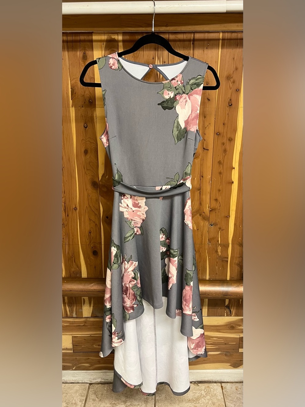 Windsor Gray High-Low Floral Dress with Pink Roses